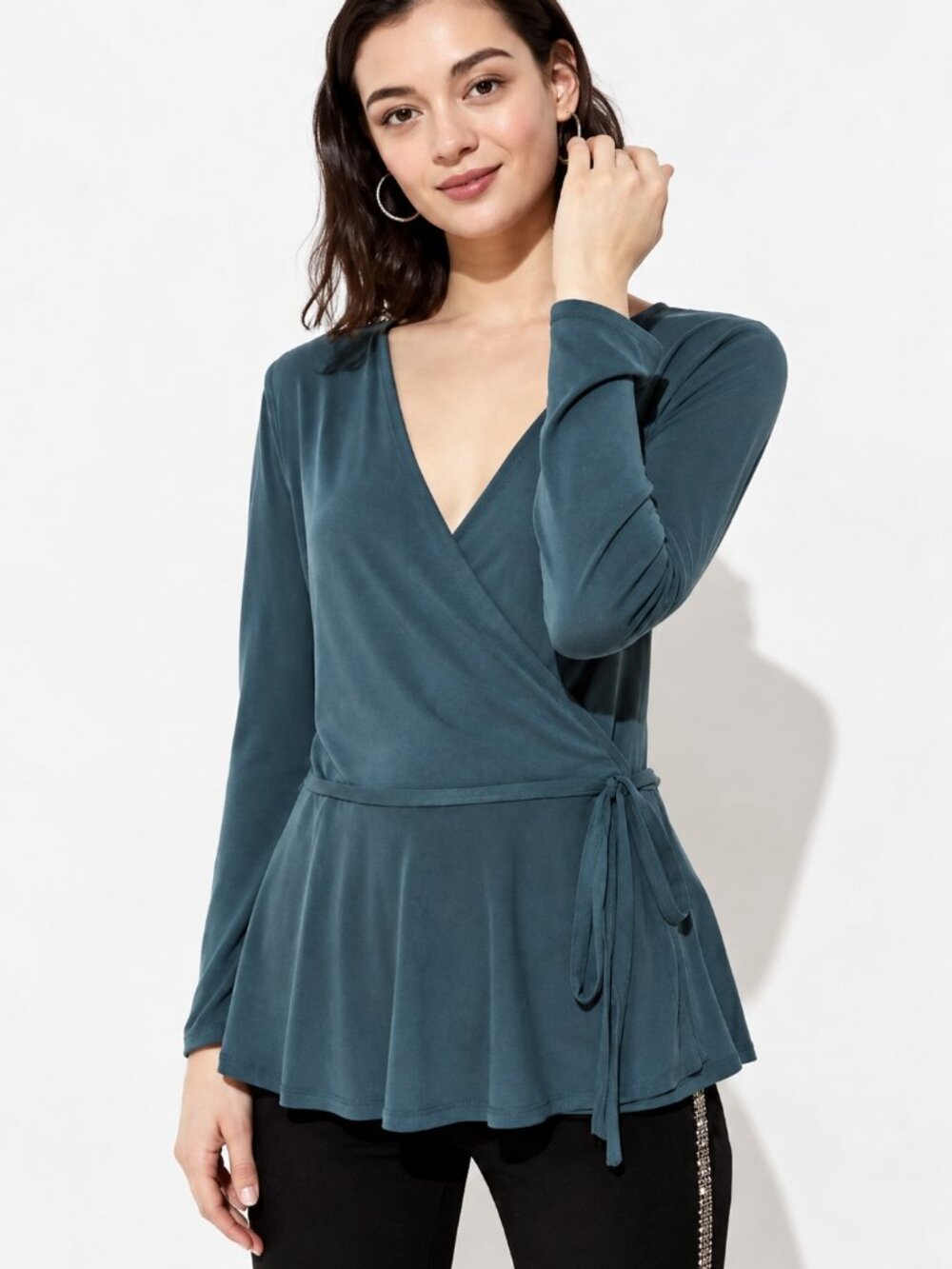 LOFT Deep Teal Blue Modal Wrap Top Crossover V Neck Long Sleeve M NWT